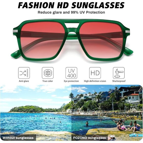 🆕Women Green Retro Trendy Classic Square Vintage Shade Double Bridge Sunglasses - Picture 3 of 7